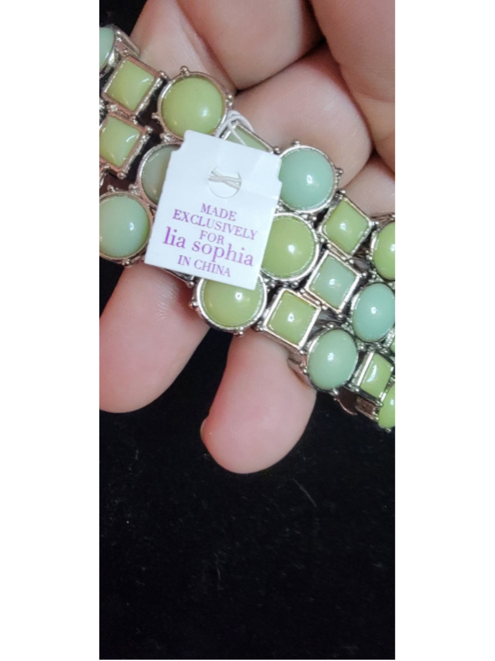 Lia Sophia Green Enamel Statement Bracelet Chunky Silver Tone Retro Mod Spring - Picture 2 of 7